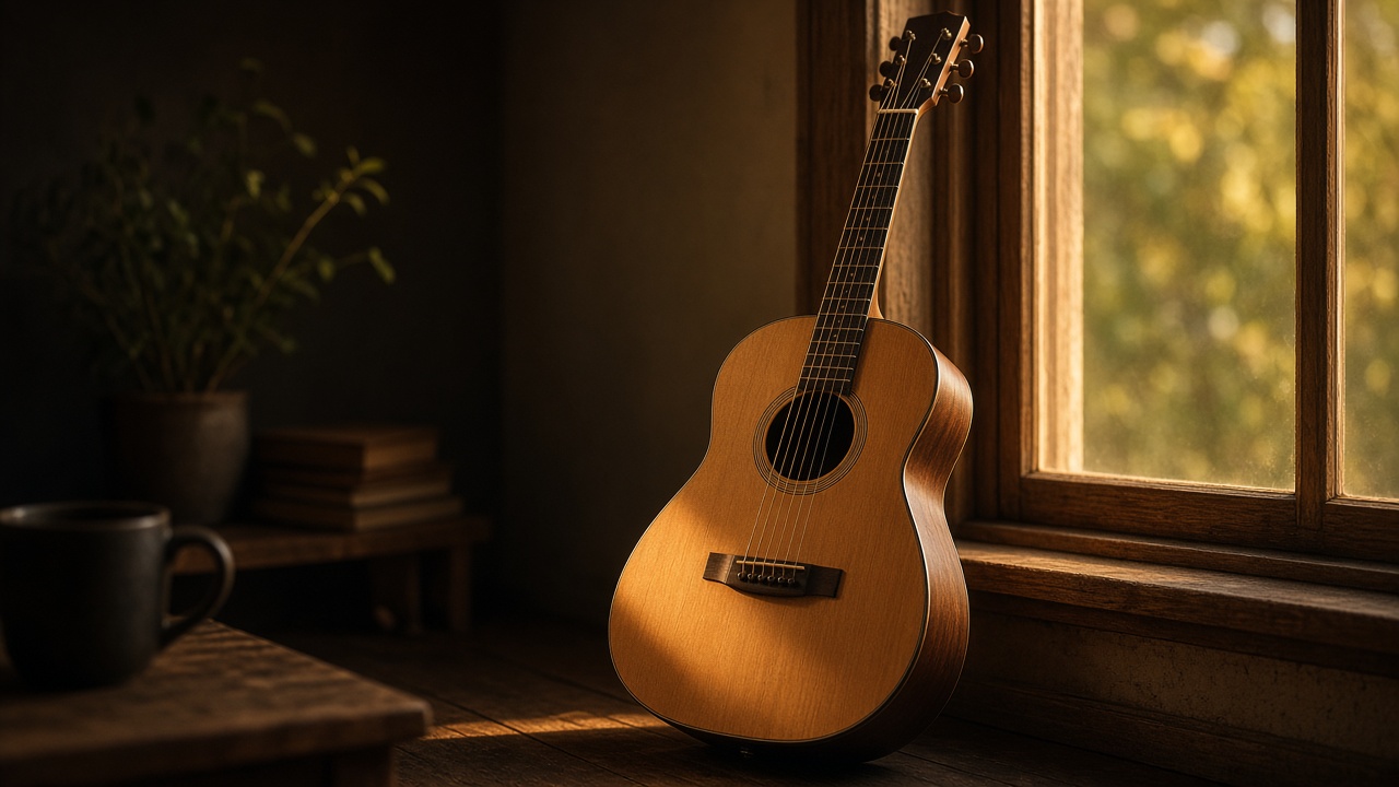 Illustration: an acoustic guitar in warm light - AI-generated artwork, not a photo of a specific product