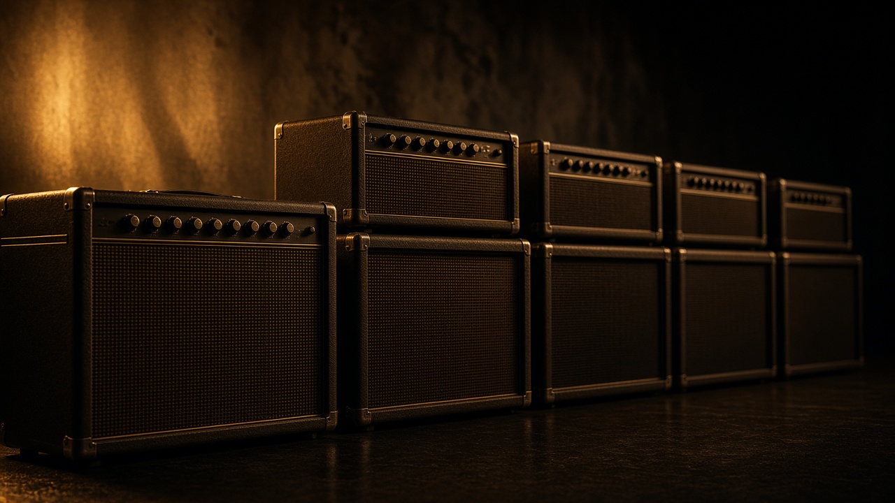 Illustration: guitar amplifiers glowing in a studio - AI-generated artwork, not a photo of a specific product